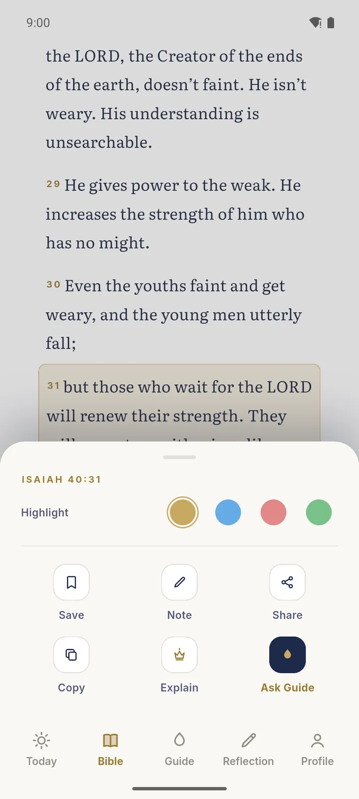 Verse action sheet: highlight, save, note, share, explain, ask Guide