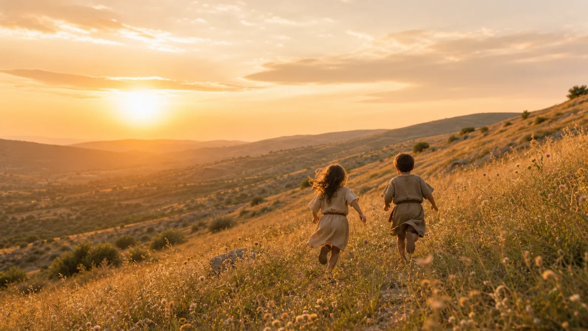 Two children running through golden hills at sunset