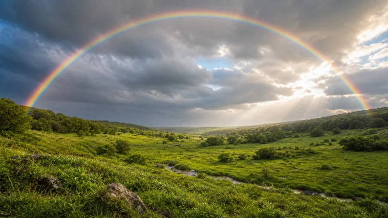 A rainbow over a green valley after rain