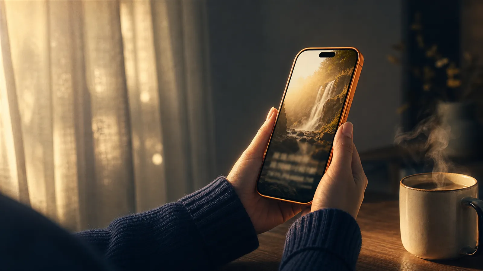 Hands holding a phone at dawn, the morning devotional glowing on screen