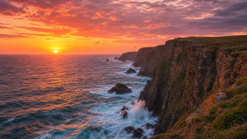 Sea cliffs under a golden sunrise